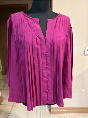 Nine West Pleated Button-Front Blouse in Vibrant Fuchsia